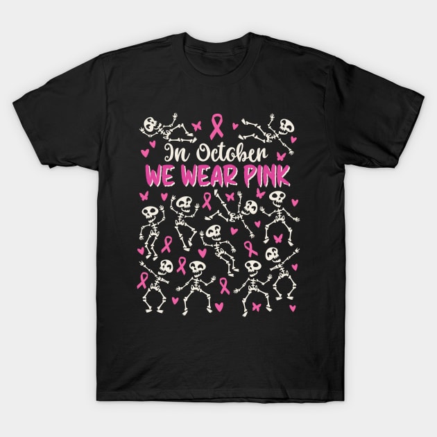 Breast Cancer Awareness Halloween Skeletons Dancing T-Shirt by Graphic Duster